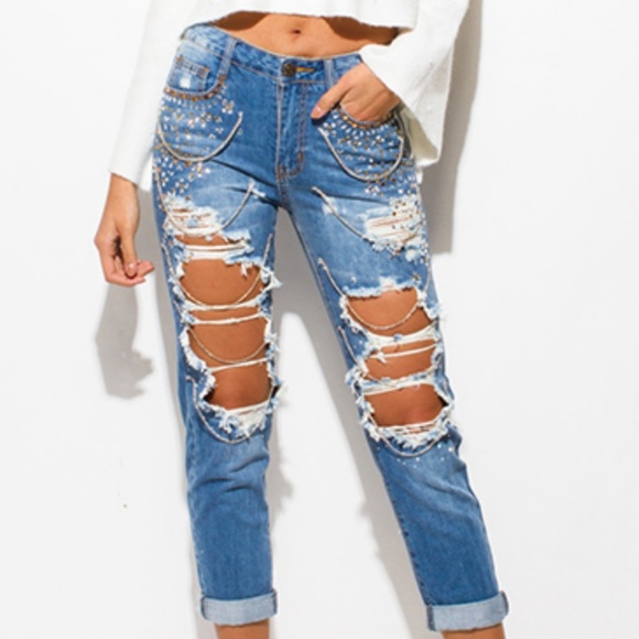 Denim - Distressed Embellished Jeans